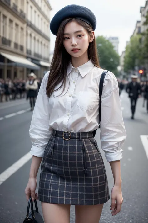 (realistic), (hyperrealism),best quality, masterpiece,ultra high res, (photorealistic:1.4),1girl,pale skin,petite,((skinny,slender legs)),(looking at viewer:2), <lora:add_detail:0.6>,outdoors,
<lora:makina69_jennie_v2.0:1:FACES> ,
(cowboy shot),french costume, beret, striped shirt,checkered skirt, Bastille Day parade,