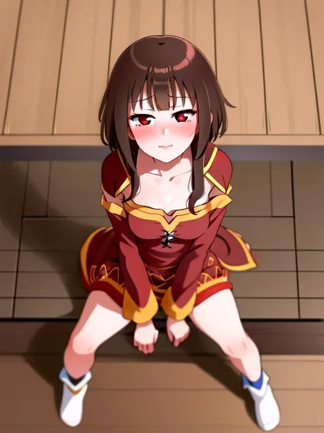 masterpiece, best quality, detailed, 1girl, solo, wooden floor background, sitting on floor, from above, seductive face, blush, clenched arms, megumin, <lora:Megumin:1>, ,<lora:Akitokage-Style-v1:1>,