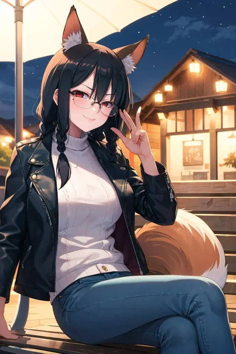1girl, solo, sidelocks, twinbraids, black hair, red eyes, smug, smirk, glasses, sitting, bench, partk, at night, long hair, white sweater,( leather jacket, black jacket:1.2), fox girl, fox ears, fox tail, jeans, black tail, skindentation, <lora:Akitokage-Style-v1-000020:1>