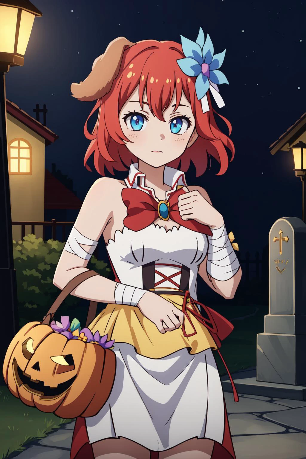 (masterpiece, best quality), intricate details,
1girl, <lora:stephaniedola-nvwls-v1:0.8> stephanie dola, hair flower, bowtie, leavage, dog ears
<lora:mummy_costume:0.8> mummy costume, naked bandage, bandages, halloween costume
outdoors, night, graveyard,