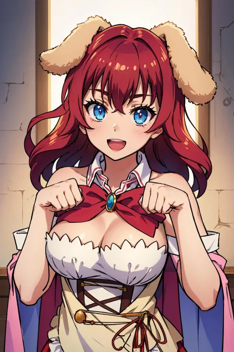 masterpiece, best quality, <lora:stephaniedola-nvwls-v1-000009:0.9> stephanie dola, dog ears, detached collar, bowtie, pink cape, cleavage, frilled dress, large breasts, upper body, paw pose, :D, looking at viewer