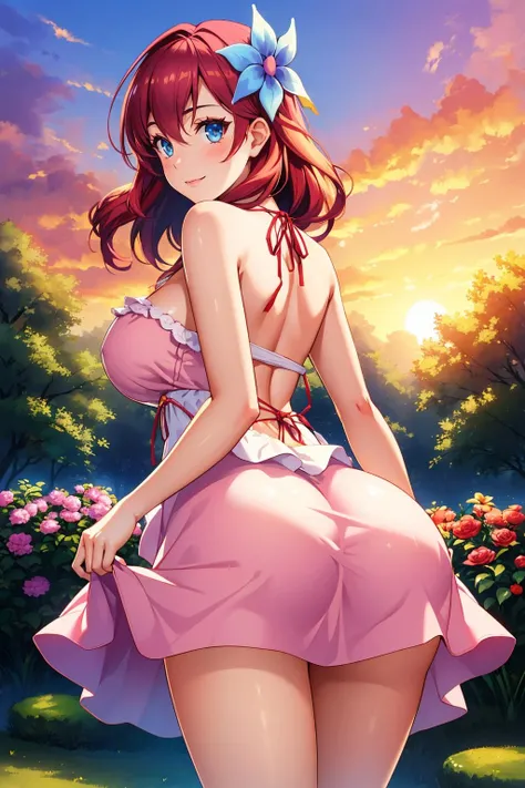 masterpiece, best quality, <lora:stephaniedola-nvwls-v1-000009:0.8> stephanie dola, hair flower, pink sundress, garden, ass, from behind, looking at viewer, smile, large breasts, sunset