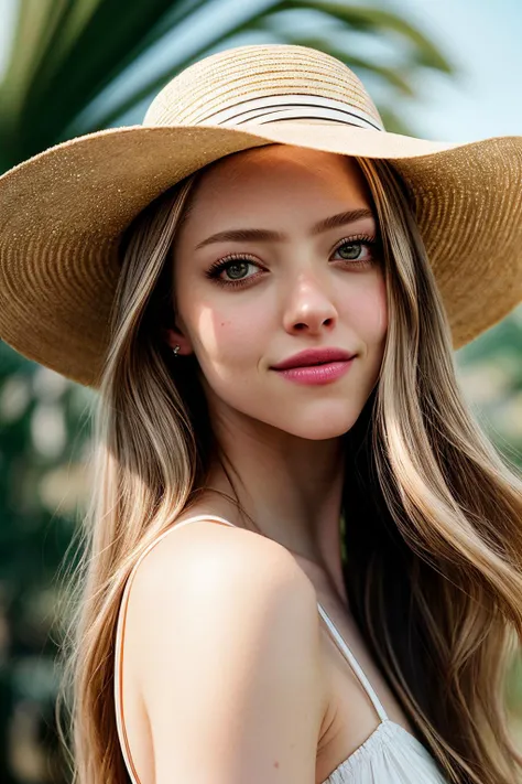 AmandaS_SoloTI_v1, PA7_Portrait-MCU,(smile), a beautiful woman, perfect hair, (modern photo,Flowy sundress, straw hat:1.1), closeup portrait, 85mm, (analog, cinematic, film grain, hazy atmosphere:1.3), ((Palm tree-lined boulevard backdrop, vibrant and sunny, summer afternoon:1.2)), detailed eyes, (painted lips), (seductive), (cinematic shot:1.3), <lora:add_detail:0.6>,<lora:LowRa:0.2>