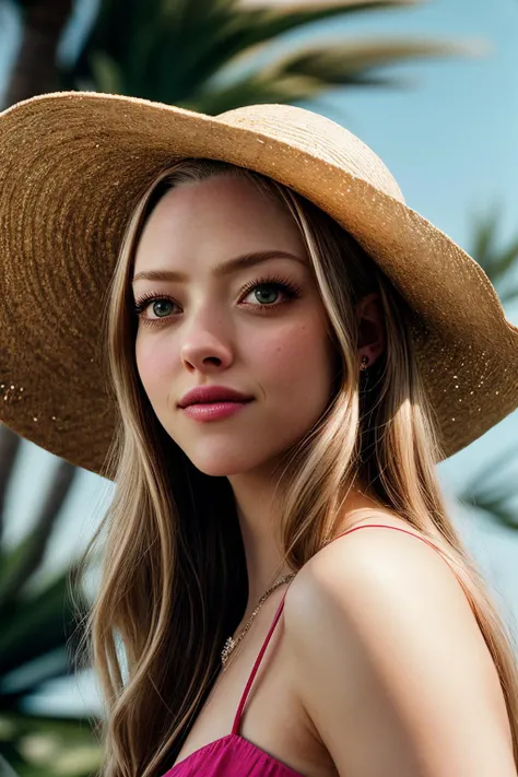 AmandaS_SoloTI_v1, PA7_Portrait-MCU,(smile), a beautiful woman, perfect hair, (modern photo,Flowy sundress, straw hat:1.1), closeup portrait, 85mm, (analog, cinematic, film grain, hazy atmosphere:1.3), ((Palm tree-lined boulevard backdrop, vibrant and sunny, summer afternoon:1.2)), detailed eyes, (painted lips), (seductive), (cinematic shot:1.3), <lora:add_detail:0.6>,<lora:LowRa:0.2>
