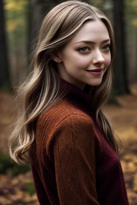 AmandaS_SoloTI_v1, PA7_Portrait-MCU,(smile), (A whimsical and enchanting style inspired by the magic of autumn, Wearing a cozy sweater with embroidered woodland creatures, paired with a flowing skirt and knee-high boots:1.1), ((In a picturesque forest, with golden leaves falling and a gentle mist floating in the air, as fairytales come to life and imagination dances with the colors of the season:1.2)), (seductive), photorealistic, masterpiece, high quality, artistic, unique, award winning photograph, professional, 8k, RAW photo, best quality,flattering, (cinematic:1.3) shallow DOF, depth of field,sharp focus, <lora:add_detail:0.6>,<lora:LowRa:0.2>