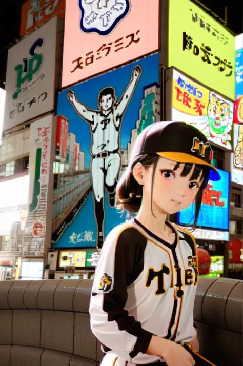 1girl,petite,slender,girl focus,front view,normal breasts,tigers_uniform,white baseball uniform, longsleeve sportswear, baseball cap, black cap, glico,osaka,japan, poster, (object), building, outdoors, photo background, neon light, neon sign,town,bridge<lora:HanshinTigersU_SDXL_V1:0.9> <lora:osaka_grico_SDXL_V1:0.9> masterpiece,best quality