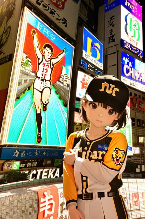 1girl,petite,slender,girl focus,front view,normal breasts,tigers_uniform,white baseball uniform, longsleeve sportswear, baseball cap, black cap, glico,osaka,japan, poster, (object), building, outdoors, photo background, neon light, neon sign,town,bridge<lora:HanshinTigersU_SDXL_V1:0.9> <lora:osaka_grico_SDXL_V1:0.9> masterpiece,best quality