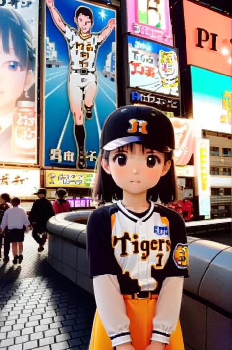 1girl,petite,slender,girl focus,front view,normal breasts,tigers_uniform,white baseball uniform, longsleeve sportswear, baseball cap, black cap, glico,osaka,japan, poster, (object), building, outdoors, photo background, neon light, neon sign,town,bridge<lora:HanshinTigersU_SDXL_V1:0.9> <lora:osaka_grico_SDXL_V1:0.9> masterpiece,best quality