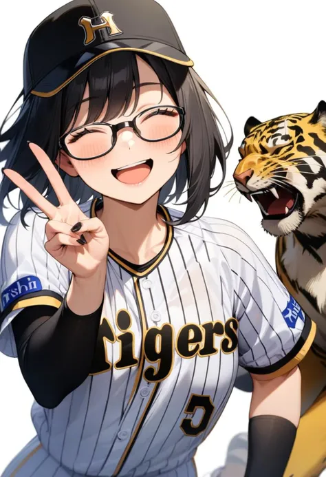 masterpiece, best quality, very aesthetic, absurdres,
1girl, solo, glasses, black hair, medium hair, happy, smile, v, closed eyes, open mouth, 
tigers_uniform, baseball uniform, white background, sportswear, tiger, simple background, baseball cap, black cap, 
<lora:HanshinTigersU_SDXL_V1:1>