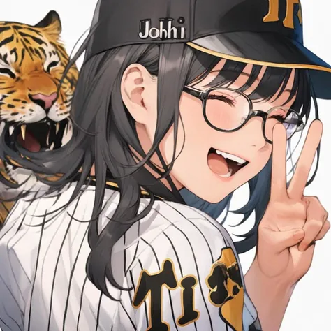 masterpiece, best quality, very aesthetic, absurdres,
1girl, solo, glasses, black hair, medium hair, happy, smile, v, closed eyes, open mouth, 
tigers_uniform, baseball uniform, white background, sportswear, tiger, simple background, baseball cap, black cap, 
 <lora:HanshinTigersU_SDXL_V1:1>