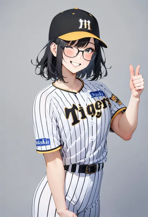 masterpiece, best quality, very aesthetic, absurdres,
1girl, solo, glasses, black hair, medium hair, happy, smile, thumbs up, 
tigers_uniform, baseball uniform, sportswear, baseball cap, belt, striped pants, standing, shirt, striped, 
looking at viewer, solo focus, grey background, simple background, 
 <lora:HanshinTigersU_SDXL_V1:1>