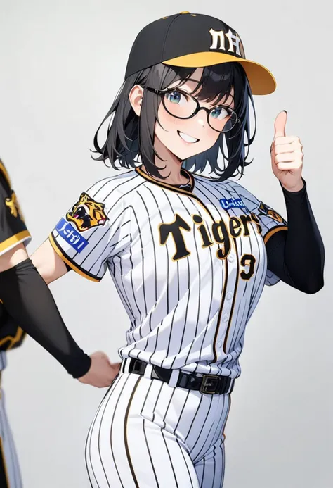 masterpiece, best quality, very aesthetic, absurdres,
1girl, solo, glasses, black hair, medium hair, happy, smile, thumbs up, 
tigers_uniform, baseball uniform, sportswear, baseball cap, belt, striped pants, standing, shirt, striped, 
looking at viewer, solo focus, grey background, simple background, 
 <lora:HanshinTigersU_SDXL_V1:1>