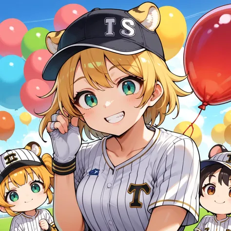 3girls,  tiger girls, smile, balloons, baseball cap, black cap, <lora:HanshinTigersU_SDXL_V1:1>,  tigers_uniform, baseball uniform,  sketch, illustration, chibi, kawaii, cute,, (score_9,score_8_up,score_7_up,score_6_up,score_5_up,score_4_up), source_anime,