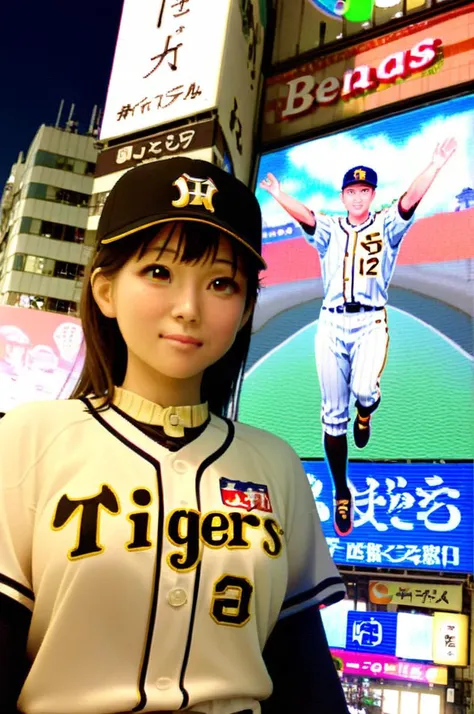 1girl,tigers_uniform, baseball uniform, sportswear, baseball cap, black cap, glico, osaka, japan, scenery, real world location, poster, (object), building, outdoors, realistic, photo background, neon light, neon sign<lora:HanshinTigersU_SDXL_V1:0.7> <lora:osaka_grico_SDXL_V1:0.7>