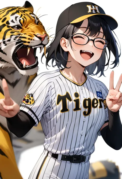 masterpiece, best quality, very aesthetic, absurdres,
1girl, solo, glasses, black hair, medium hair, happy, smile, v, closed eyes, open mouth, 
tigers_uniform, baseball uniform, white background, sportswear, tiger, simple background, baseball cap, black cap, 
<lora:HanshinTigersU_SDXL_V1:1>