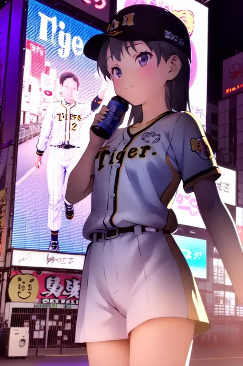 1girl,petite,slender,normal breasts,tigers_uniform,white baseball uniform, sportswear, baseball cap, black cap, glico, osaka,girl focus,front view, poster, (object), building, outdoors, anime style, photo background, neon light, neon sign<lora:HanshinTigersU_SDXL_V1:0.7> <lora:osaka_grico_SDXL_V1:0.7> <lora:better skin typeB-v1:1> <lora:XDetail_light:1>masterpiece,best quality