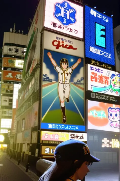 1girl,tigers_uniform, baseball uniform, sportswear, baseball cap, black cap, glico, osaka, japan, scenery, real world location, poster, (object), building, outdoors, anime style, photo background, neon light, neon sign<lora:HanshinTigersU_SDXL_V1:0.7> <lora:osaka_grico_SDXL_V1:0.7>