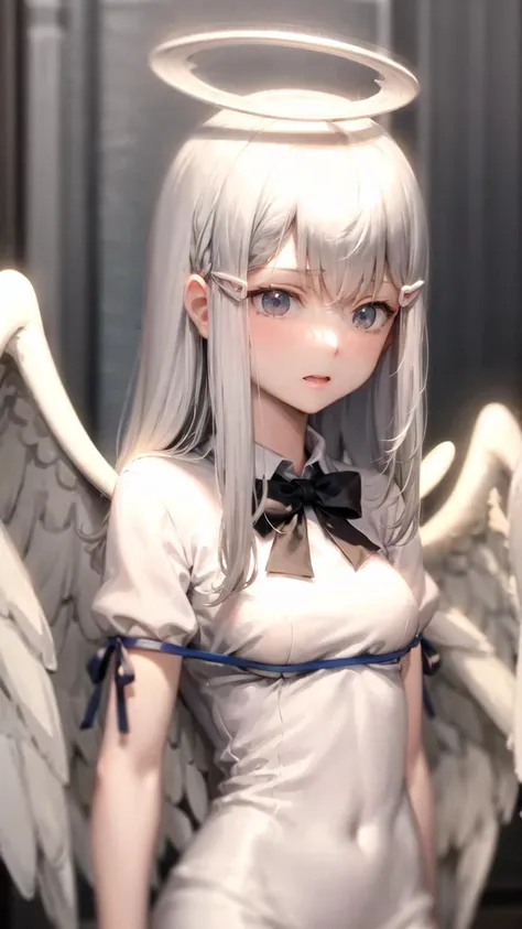 masterpiece, best quality, 1girl,  <lora:mitamaManamiCentaurNoNayami_v1:0.8>, mitama manami, white hair, long hair, grey eyes, angel wings, medium breasts, <lora:reiNoHimo_v11:1>, rei no himo, upper body