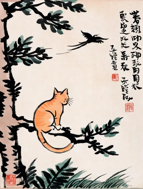 a ginger cat on a tree branch, hunting a flying bird, by Feng Zikai  <lora:fengzikai_v1.0_XL:0.9>