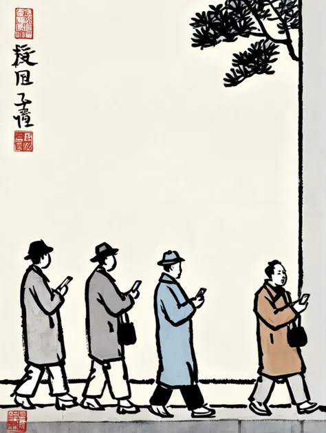 people walking in a row, checking on phones, on street, by Feng Zikai <lora:fengzikai_v1.0_XL:0.9>