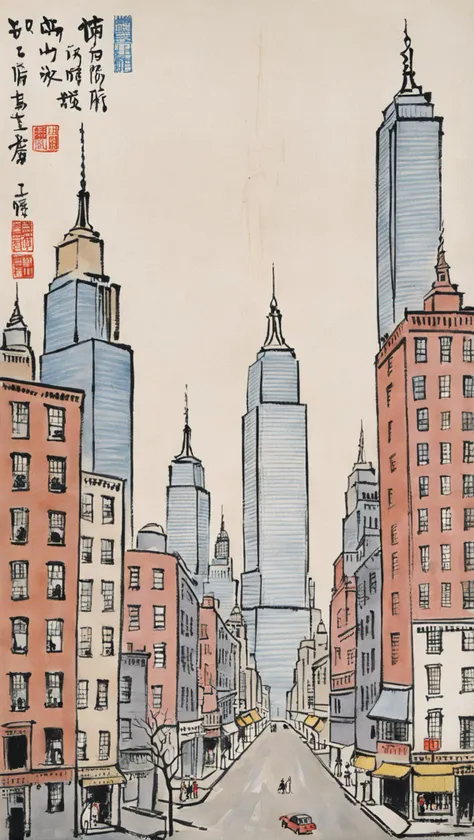 city view of new york, manhattan, by Feng Zikai <lora:fengzikai_v1.0_XL:1>