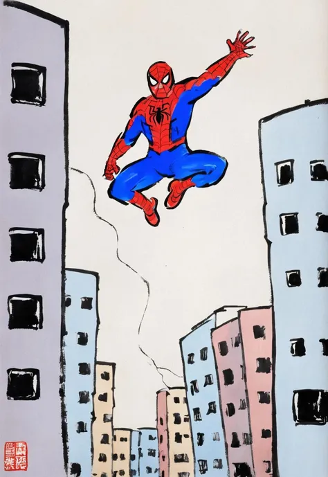 spider man jumping among buildings, by Feng Zikai <lora:fengzikai_v1.0_XL:1>