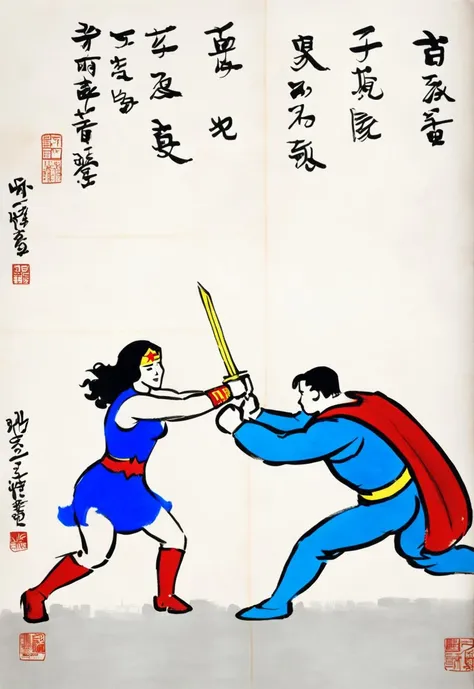 wonder woman fighting against super man, by Feng Zikai <lora:fengzikai_v1.0_XL:1>