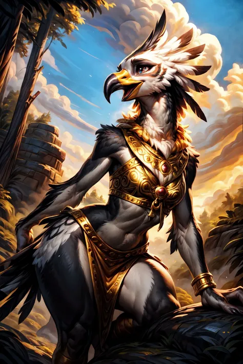 <lora:add_detail:1>, <lora:Furtastic_Detailer:0.8>,
 nature photography, ultra realistic, masterpiece, [[[epic clouds background, epic clouds, volumetric lighting, volumetric atmosphere, morning mist]]],
high angle,  three-quarter view,
cute avian anthro, anthro Secretary Bird, Rainbow Lorikeet,  ((intricate white feathers)),
cute-fine-face, cute Wren face, fluffy chest, cute, girl, young, small beak, flat chest, short neck, (cute, young), young adult, thick thighs, round thighs,
feather head dress, iridescent gold, golden necklace, golden anklets, golden bracelets,
golden harness, intricate golden loincloth, golden vest,
[[Sky Kingdom Queen Attire, Airy cloud-patterned gown with silver linings, celestial accessories]],
screaming, gaping mouth,
standing on misty rocks, high above the clouds, ground fog, swirling mist,
all fours,
uploaded on e621, (by ulitochka:0.5), by Bonifasko, by Barbara Takenaga, by thebigslick, by Taran Fiddler, by Totesfleisch8, (by dagasi:0.5),
<lora:FurryCoreV2New-07:0.4>, furrycore,
<lora:Riju:0.2>, game_gerudo_riju_aiwaifu69,
<lora:Rito-v1.4-NAI-000003:0.3> rito,
[[zelda\(princess\), <lora:zelda_shorthair_v5:0.15>, wolflink, facial markings, <lora:TLOZ_WolfLink_a1:0.3>]],
epic mountain peak, dramatic cliffs, (epic clouds, dramatic clouds, awesome sky),
Mystical Forest Canopy, Deep within an ancient forest, sunlight filters through a canopy of towering trees, casting dappled shadows on the forest floor Wisps of mist cling to the branches, lending an air of mystery to the enchanted landscape Birds flit through the treetops, their calls echoing through the stillness of the forest,
[high quality photography, 3 point lighting, flash with softbox, 4k, Canon EOS R3, hdr, smooth, sharp focus, high resolution, award winning photo, 80mm, f2.8],
cinematic composition, cinematic lighting, stunningly beautiful, highly detailed, masterpiece, best quality, realistic, (intricate:0.9), (high detail:1.4), film photography, sharp focus,