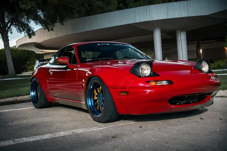 (best quality, masterpiece), dutch angle photo of <lora:miata:0.85> mitia, widebody sports car, ground vehicle, motor vehicle, <lora:conceptWB_v1:0.85>