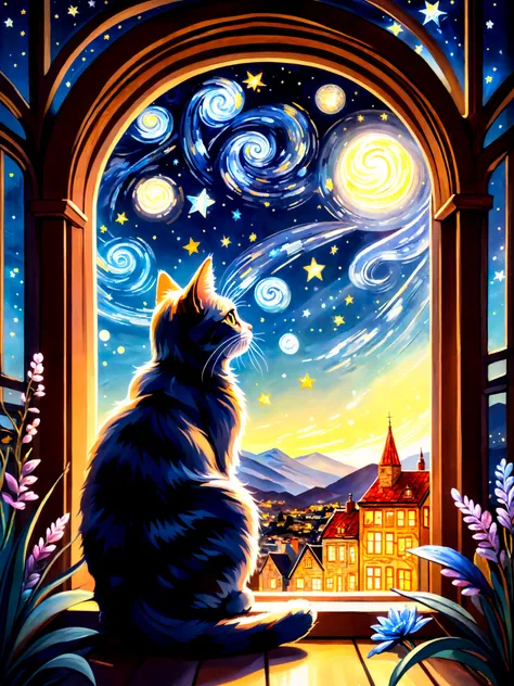 illustration of cat, allure of starry night sky with myriad of twinkling stars, constellations, Milky Way, window art, glass painting, transparent designs, colorful patterns, light-filled displays, creative installations, temporary creations