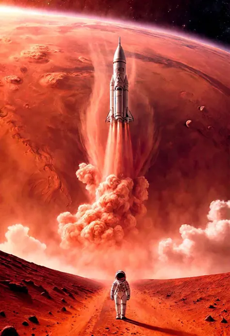 Epic landscape. Tall clouds. Particulate matter fills the air. Spaceship above with eerie glowing lights. The first astronaut on Mars emerges from a magnificent, tall red dust storm, astronaut is small at the bottom of the frame