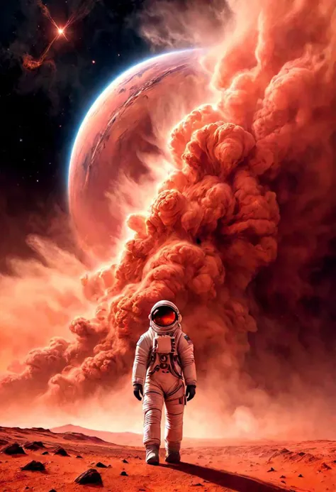 Epic landscape. Tall clouds. Particulate matter fills the air. Spaceship above with eerie glowing lights. The first astronaut on Mars emerges from a magnificent, tall red dust storm, astronaut is small at the bottom of the frame
