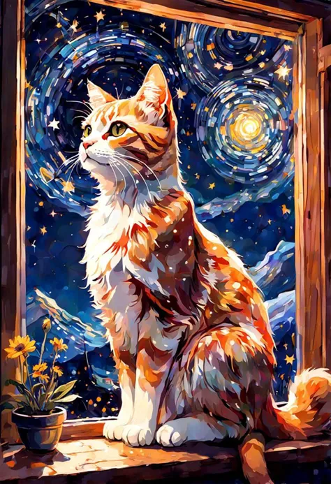 illustration of cat, allure of starry night sky with myriad of twinkling stars, constellations, Milky Way, window art, glass painting, transparent designs, colorful patterns, light-filled displays, creative installations, temporary creations