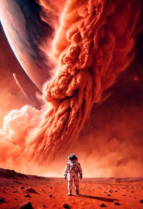 Epic landscape. Tall clouds. Particulate matter fills the air. Spaceship above with eerie glowing lights. The first astronaut on Mars emerges from a magnificent, tall red dust storm, astronaut is small at the bottom of the frame