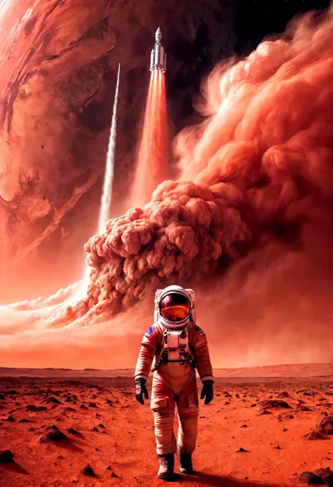 Epic landscape. Tall clouds. Particulate matter fills the air. Spaceship above with eerie glowing lights. The first astronaut on Mars emerges from a magnificent, tall red dust storm, astronaut is small at the bottom of the frame