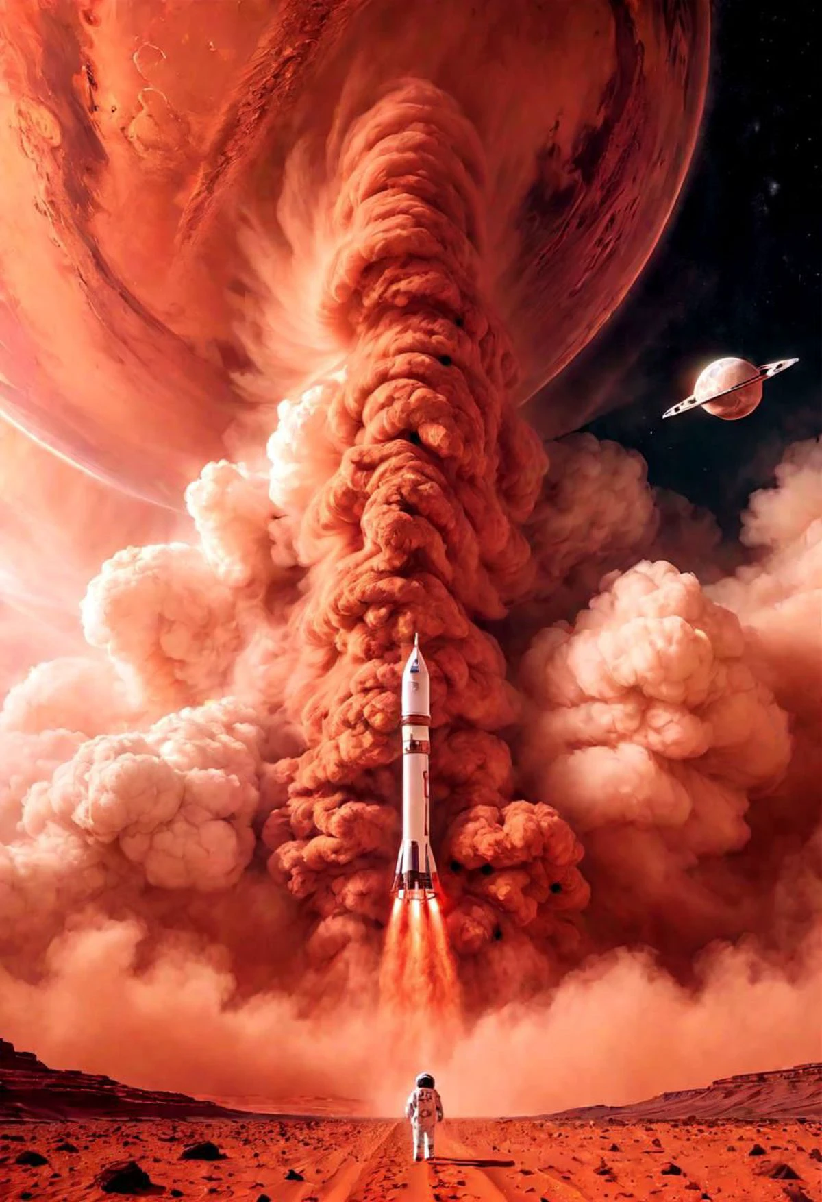 Epic landscape. Tall clouds. Particulate matter fills the air. Spaceship above with eerie glowing lights. The first astronaut on Mars emerges from a magnificent, tall red dust storm, astronaut is small at the bottom of the frame