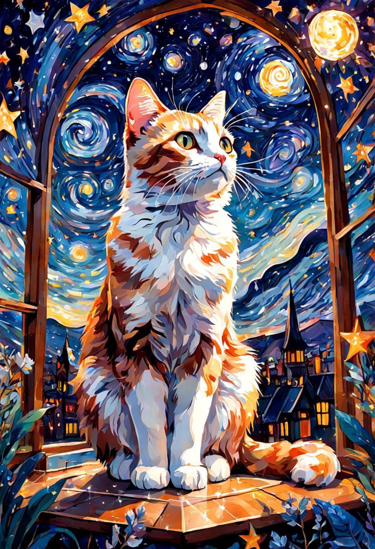 illustration of cat, allure of starry night sky with myriad of twinkling stars, constellations, Milky Way, window art, glass painting, transparent designs, colorful patterns, light-filled displays, creative installations, temporary creations