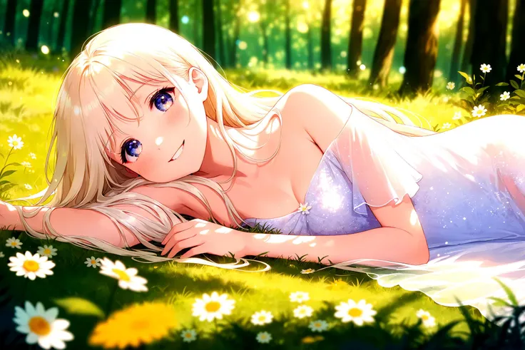 kawaii, cute girl, round eyes, dropping eyes, small breasts,
smile, ennui, platinum blonde hair, long hair, white dress, long dress,
lying on grass, in forest, dappled sunlight, flower, bokeh