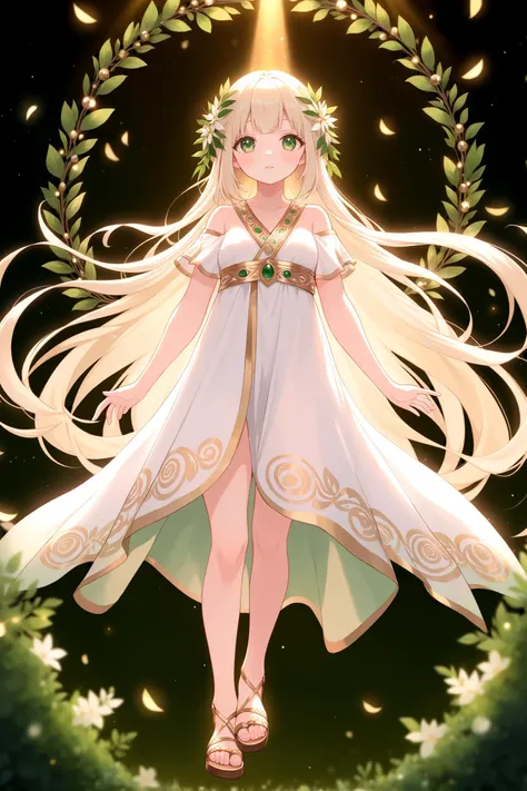 kawaii, illustlation, female, goddess, (white peplos:1.3),
green eyes, round eyes, dropping eyes, closed mouth, looking at viewer,
platinum blonde hair, long hair, laurel wreath, sandals,
from below, standing, spread arms, rim lighting, bokeh