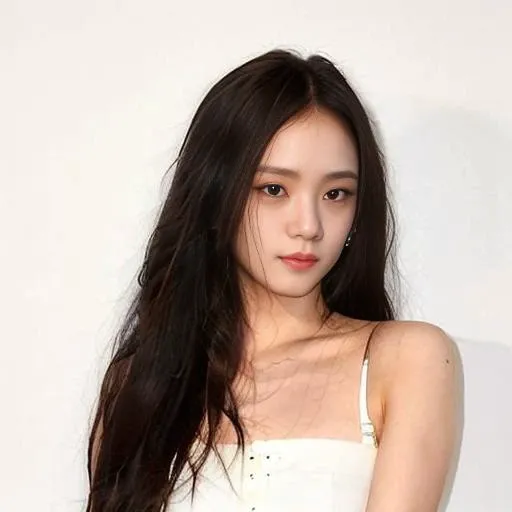 Jisoo standing in front of a backdrop, looking at camera, white dress, straight black long hair, beaufitul, perfect face, photorealistic, photo, real, close up <lora:JISOO_V3-000008:1>, asian, white skin,