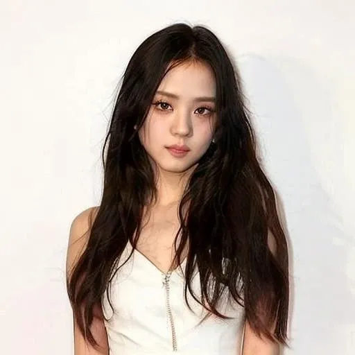 Jisoo standing in front of a backdrop, looking at camera, white dress, straight black long hair, beaufitul, perfect face, photorealistic, photo, real , asian, white skin,   <lora:JISOO_V3-000008:1>,