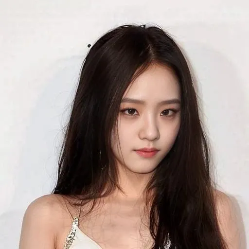 Jisoo standing in front of a backdrop, looking at camera, white dress, straight black long hair, beaufitul, perfect face, photorealistic, photo, real, close up , asian, white skin, <lora:JISOO_V3-000008:1>