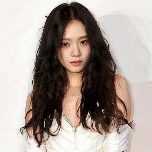 Jisoo standing in front of a backdrop, looking at camera, white dress, straight black long hair, beaufitul, perfect face, photorealistic, photo, real, far away , asian, white skin, <lora:JISOO_V3-000008:1>, f