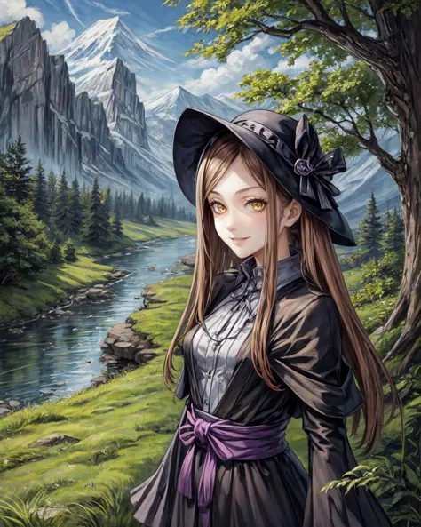 best quality, (masterpiece:1.2), illustration, absurdres, <lora:add_detail:1>
(1girl), (solo), (beautiful detailed girl), (upper body, portrait),
<lora:Beryl-07:0.7>, Beryl, yellow_eyes, frills, (long) black dress, long gothic dress, black boots, hat, headwear, (small breasts), creepy, scary, weird, yandere,
smile, looking at viewer,
grassy mountains, trees, japanese architecture, river, plants,
