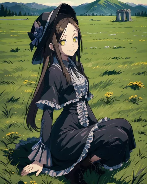 best quality, (masterpiece:1.2), illustration, absurdres,
(1girl, solo), (beautiful detailed girl),
<lora:Beryl-08:0.8>, Beryl, yellow_eyes, frills, (long) black dress, long gothic dress, black boots, hat, headwear, (small breasts),
creepy_smile, creepy eyes, scary eyes, weird eyes, grin,
stonehenge, green grassy hills in distance, stone circle, very distant mountains, open prairie