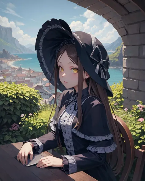 best quality, (masterpiece:1.2), illustration, absurdres,
(1girl, solo), (beautiful detailed girl),
<lora:Beryl-07:0.7>, Beryl, yellow_eyes,small breasts, long hair, black hair,
frills, long black dress, long gothic dress, black boots, hat, headwear,
creepy, scary, weird, yandere,
garden, distant sea, distant ocean, mediterranean buildings, white buildings, castle on top of hill,
sitting, spread legs,,
(upper body, portrait),,
looking at viewer