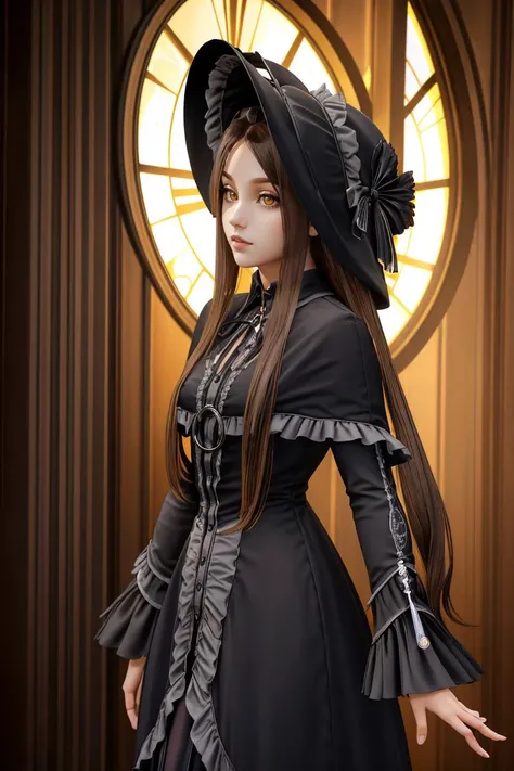 professional photo of Beryl, yellow_eyes, small breasts, long hair, black hair, frills, long black dress, long gothic dress, black boots, hat, headwear,
detailed skin, detailed eyes, detailed face,
volumetric light, highrez, masterpiece, best quality, high detail, nature,
<lora:Beryl-07:0.85:MIDD>