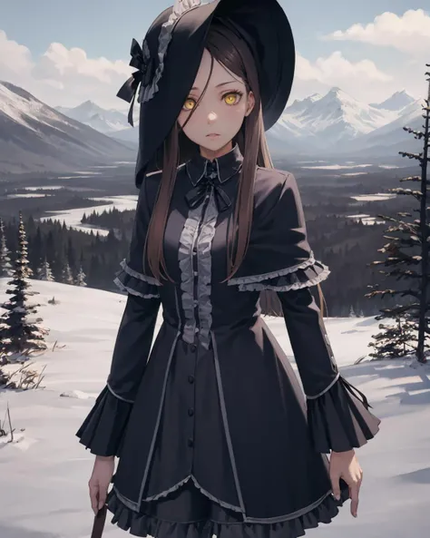 best quality, (masterpiece:1.2), illustration, absurdres,
(1girl, solo), (beautiful detailed girl),
<lora:Beryl-07:0.8>, Beryl, yellow_eyes,small breasts, long hair, black hair,
frills, long black dress, long gothic dress, black boots, hat, headwear,
creepy, scary, weird, yandere,
overlooking distant snowy mountains, distant river, pine forest,,
on back,
cowboy shot,,
looking at viewer