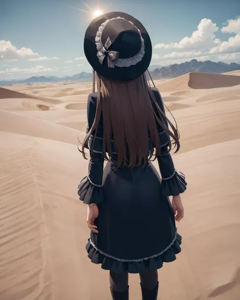 best quality, (masterpiece:1.2), illustration, absurdres,
(1girl, solo), (beautiful detailed girl),
<lora:Beryl-07:0.8>, Beryl, yellow_eyes,small breasts, long hair, black hair,
frills, long black dress, long gothic dress, black boots, hat, headwear,
creepy, scary, weird, yandere,
desert, sand dunes, sun, sky,,
arms up,
from behind,,
looking at viewer
