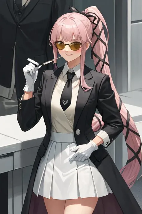 best quality, masterpiece, highres, solo, {black business suit:1.40}, {tie:1.20}, {sunglasses:1.25}, {white gloves:1.15}, {white shirt:1.10}, {black skirt:1.15}, {smoking:1.20}, handsome, {yura_kantaicollection:1.15}, long_hair, pink_hair, ribbon, very_long_hair, ponytail, hair_ribbon, hair_flaps, smile, yellow_eyes, brown_eyes